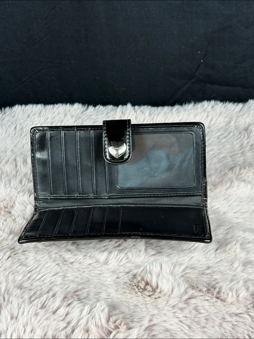 Coach Black Patent Leather Signature C Long Continental Wallet Heart Snap